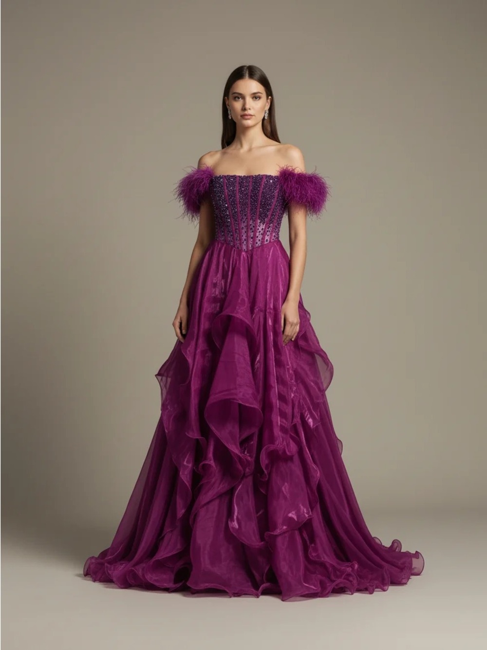 Ava Presley Off-Shoulder Feather Trim Formal Gown in Plum